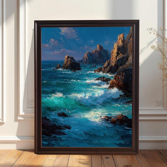 Rocky Coastline Crashing Turquoise Waves Oil Painting Poster