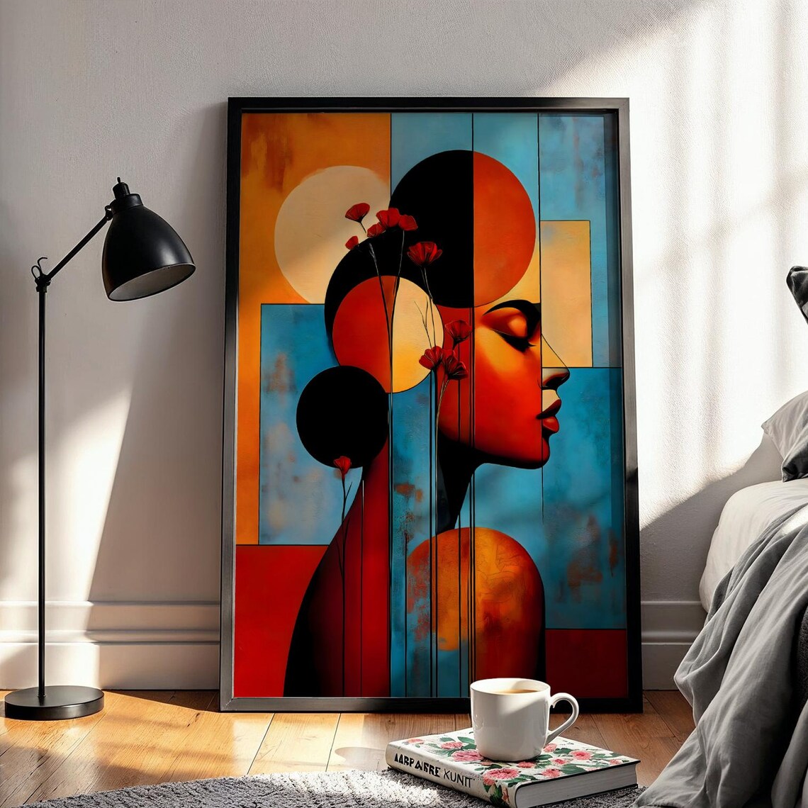 Abstract Woman Profile Sun Circles Bold Blue Orange Modern Poster