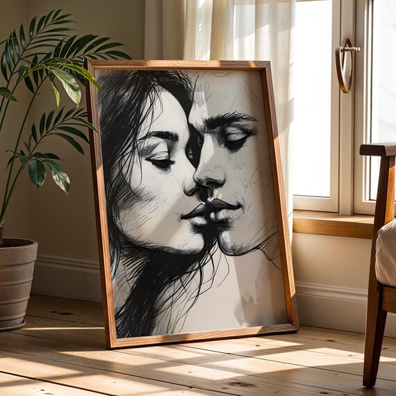 Romantic Couple Line Art Print Minimalist Black White Lovers Wall
