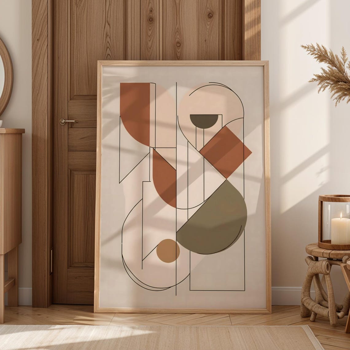 Beautiful Midcentury Geometric Blocks Warm Terracotta Line Art Poster