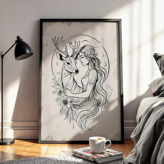Beautiful Woman Embracing Stag Moon Phases Delicate Line Art Poster