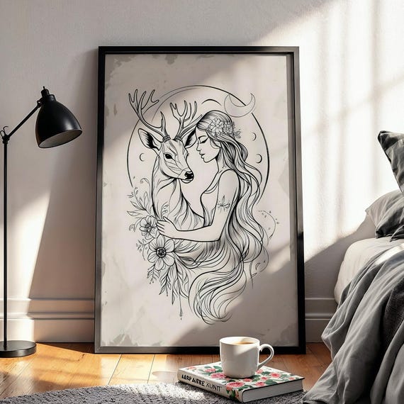 Mystical Feminine Spirit Print Boho Minimalist Line Art Drawing