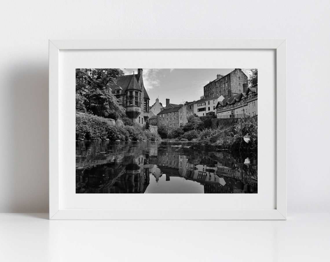 Dean Village Edinburgh Black And White River Reflection Photo Print