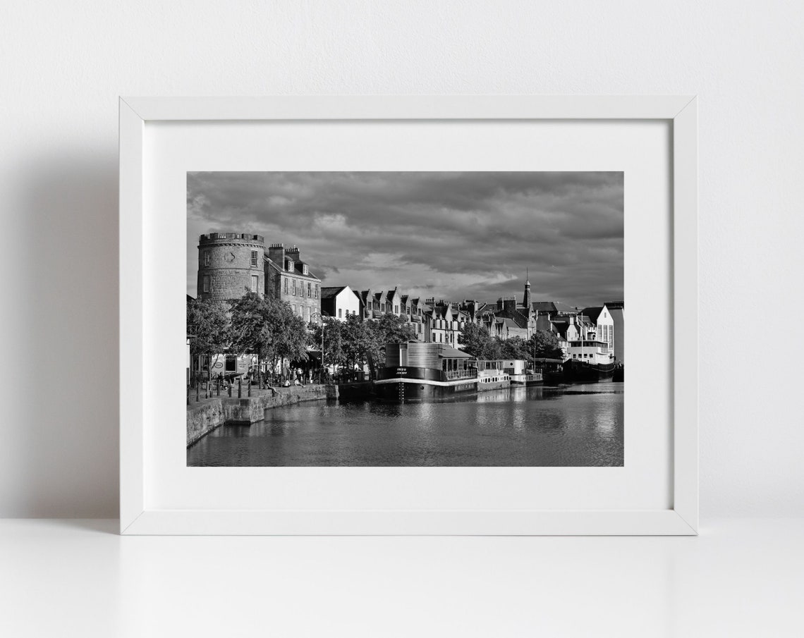 Leith Shore Edinburgh Black And White Harbor Boats Photo Print