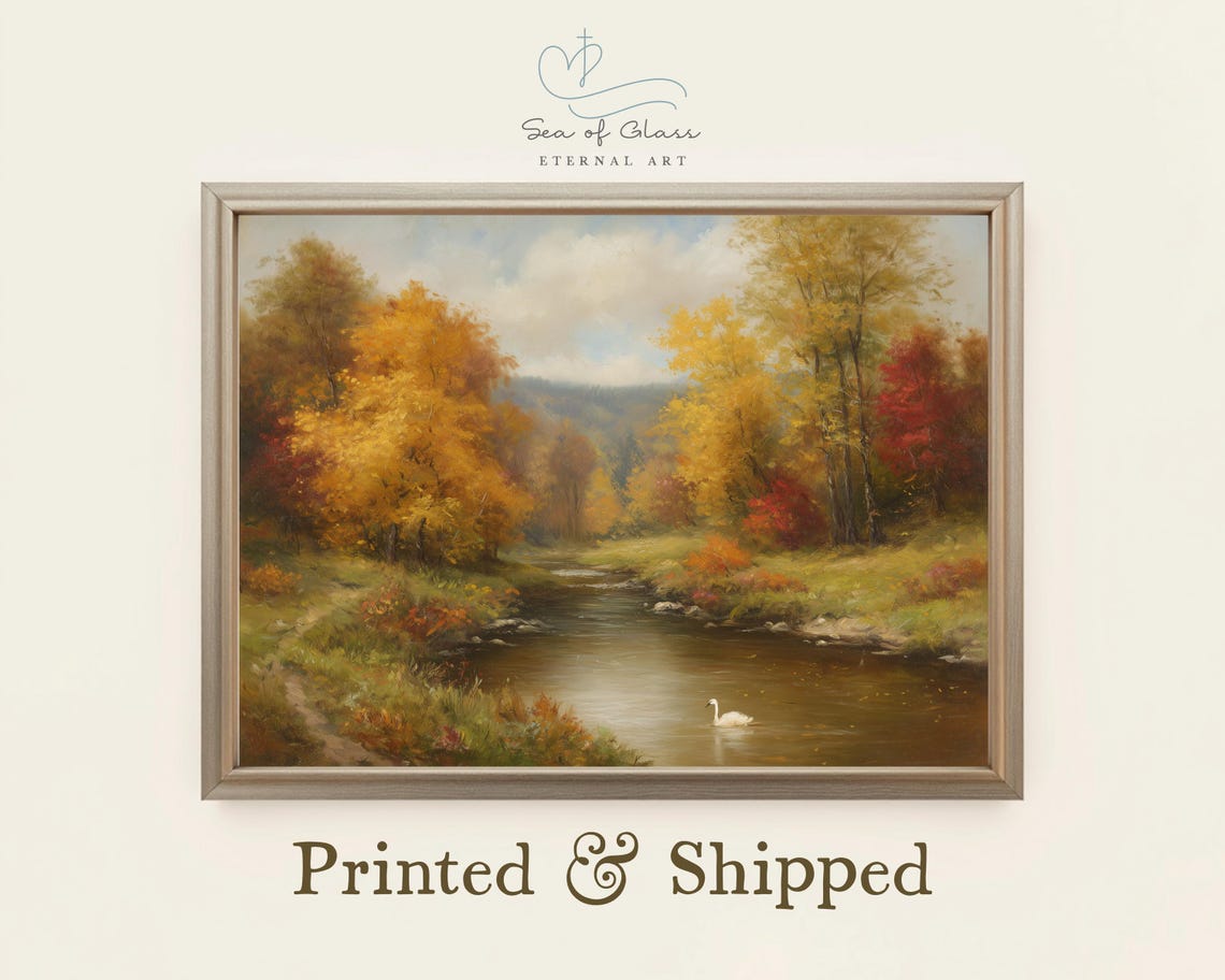 Vintage Golden Autumn Landscape Poster with Swan on a Calm River