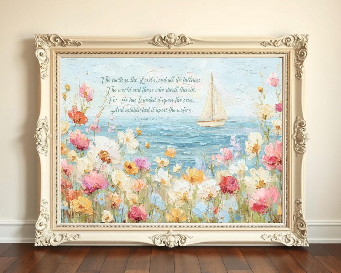 Psalm 24 Sailboat Scripture Christian Wildflower Seaside Art Poster
