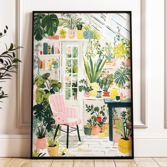 Greenhouse Art Print Plant Painting Poster Floral Wall Decor Framed Mom Plants Botanical