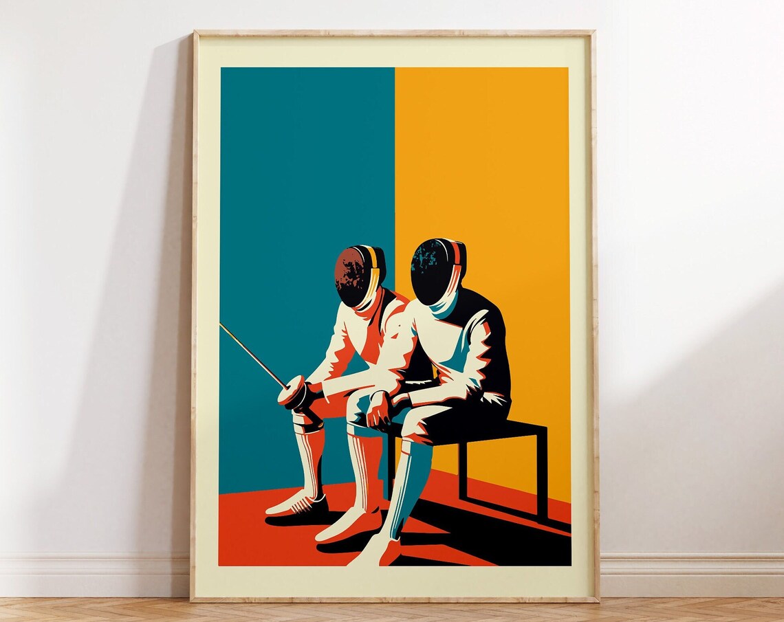 Two Fencers Resting Bench Masks Bold Retro Teal Orange Sports Wall Art