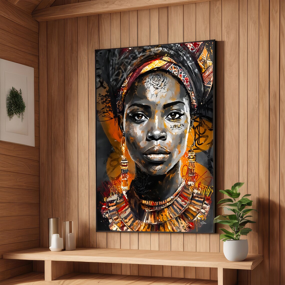 Regal African Woman Portrait Vibrant Afrocentric Cultural Art Ready To Hang Wall Art