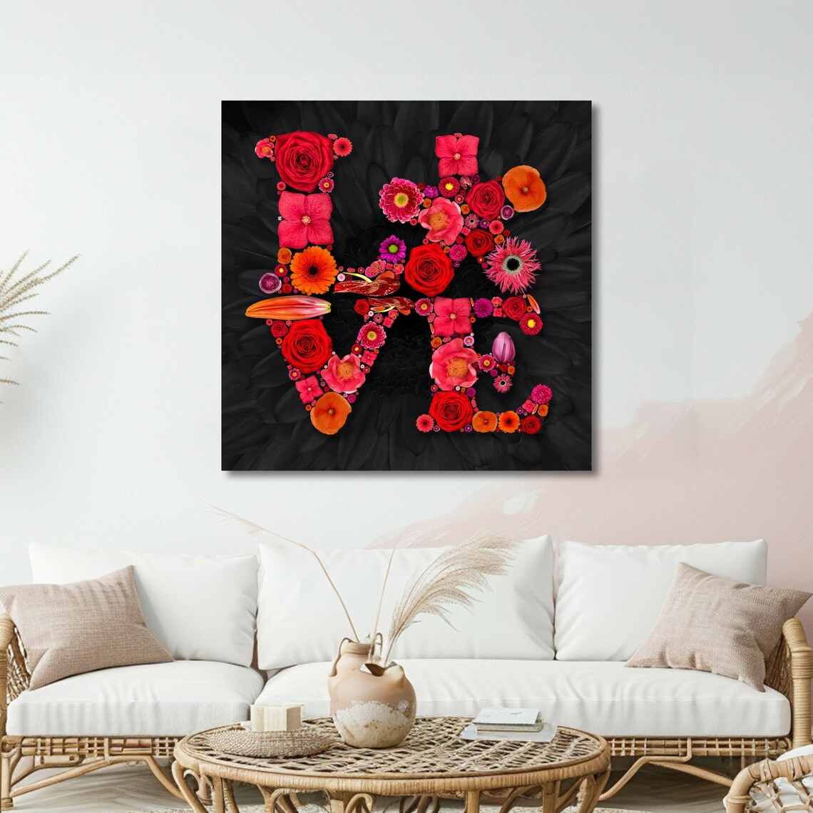 LOVE Word Formed Entirely From Red and Pink Blooms on Black Art Poster - Image 5