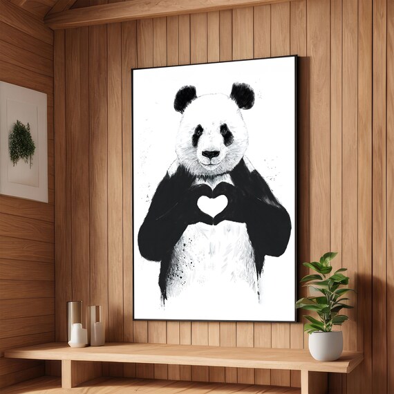 Cute Giant Panda Making a Heart Shape Black White Animal Wall Poster