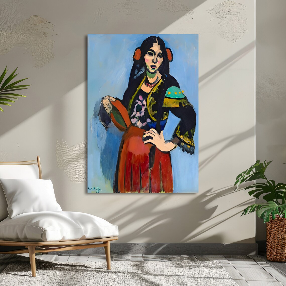 Matisse-Style Woman in Red Skirt Folk Costume Against Blue Poster - Image 5