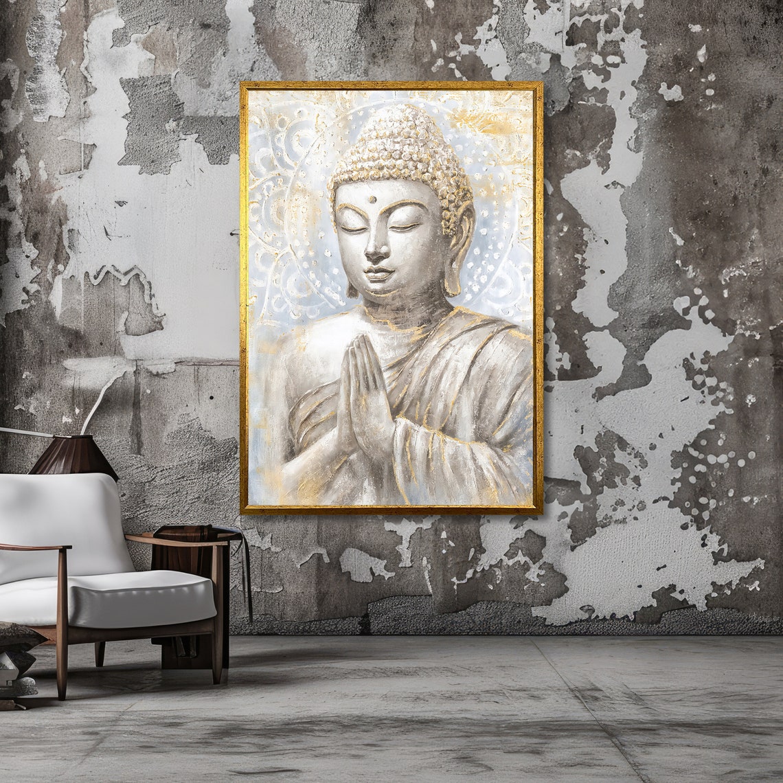 Serene Praying Buddha White Gold Mandala Spiritual Calm Poster - Image 6