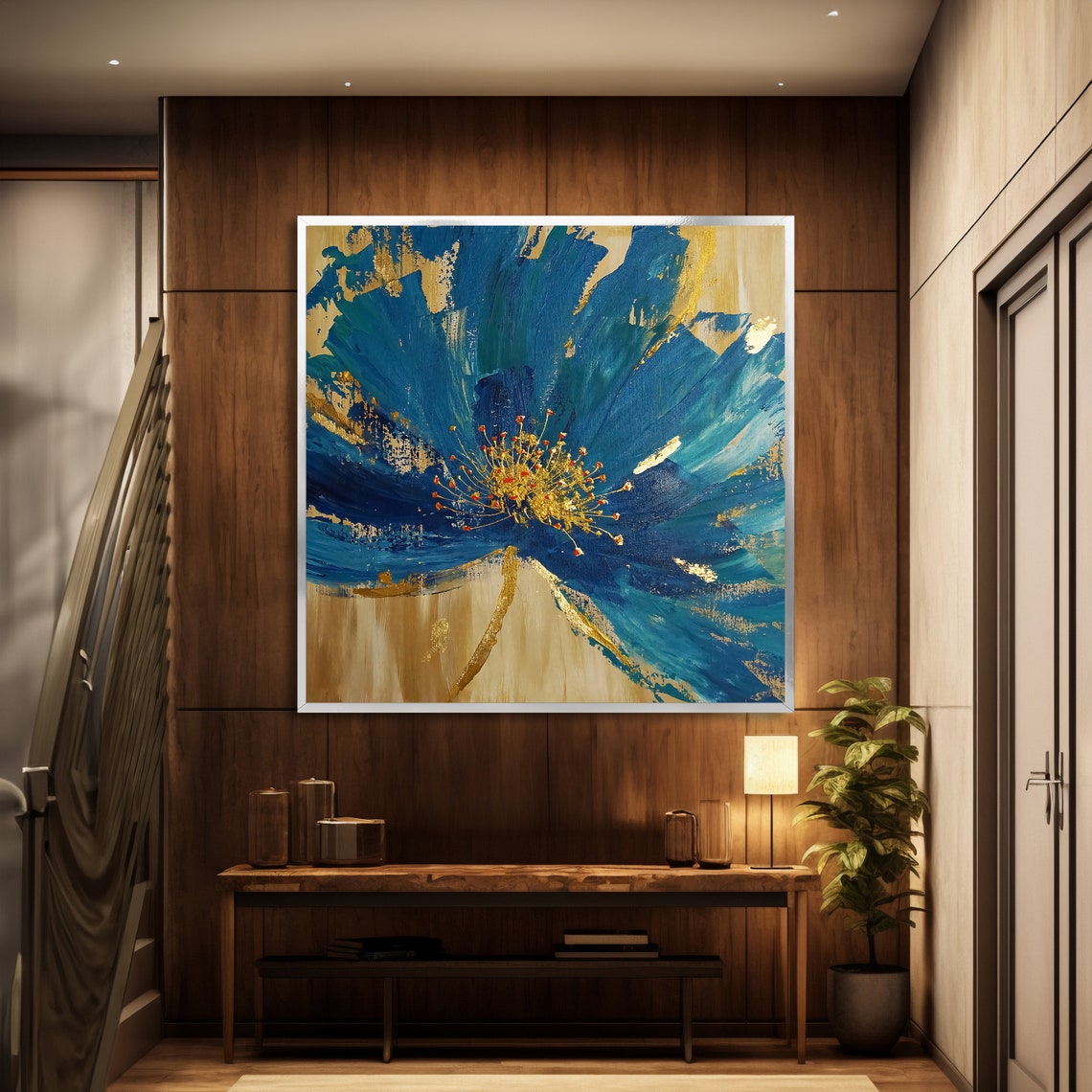 Bold Blue Blossom With Gold Leaf Abstract Floral Painting Art Poster - Image 2