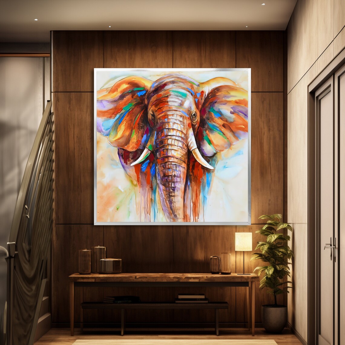 Majestic Front-Facing Elephant Head With Colorful Paint Drip Art Poster - Image 2