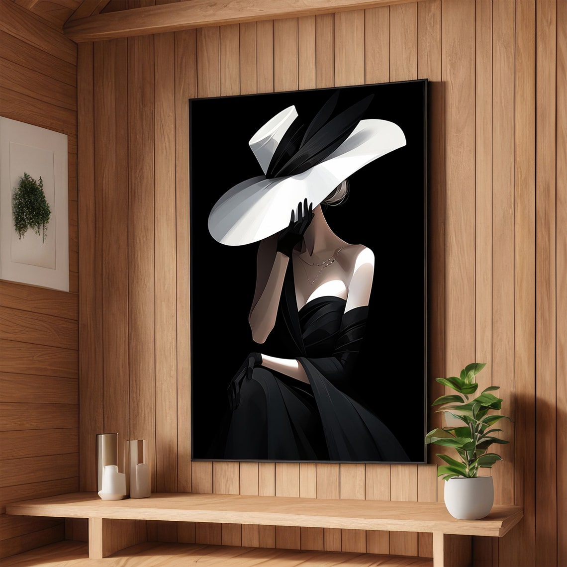 Elegant Lady in Black With a Wide White Hat Glamour Art Poster