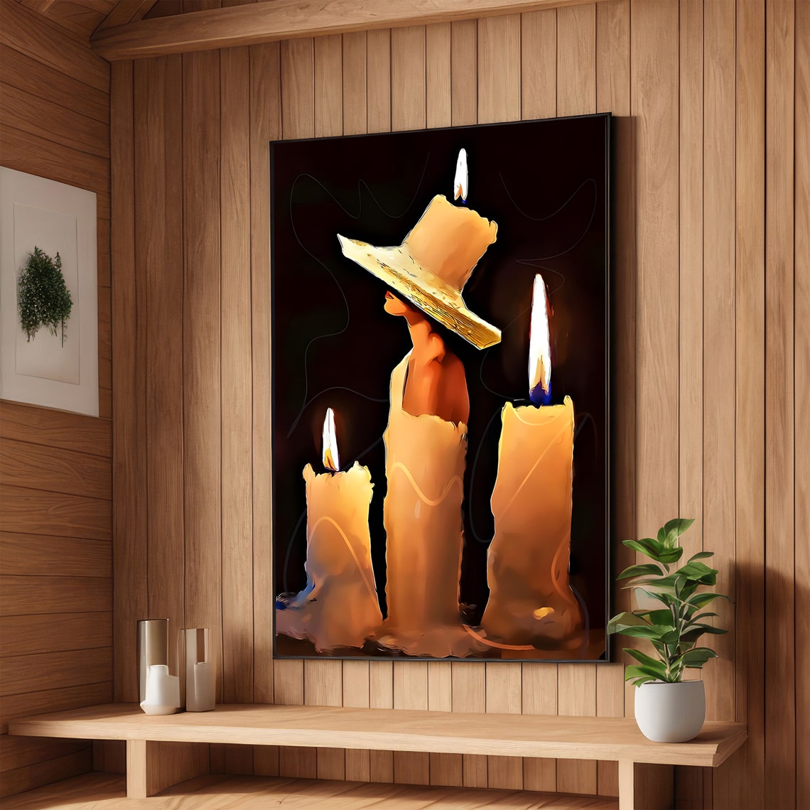 Three Burning Candles Glowing in Warm Candlelight Cozy Art Poster