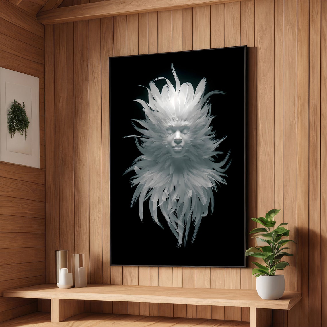 Ethereal White Feather Face in a Surreal Mystical Dream Art Poster