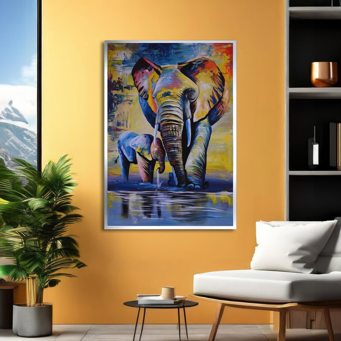 Colorful Elephant and Calf Crossing Water Vibrant Art Poster - Image 4
