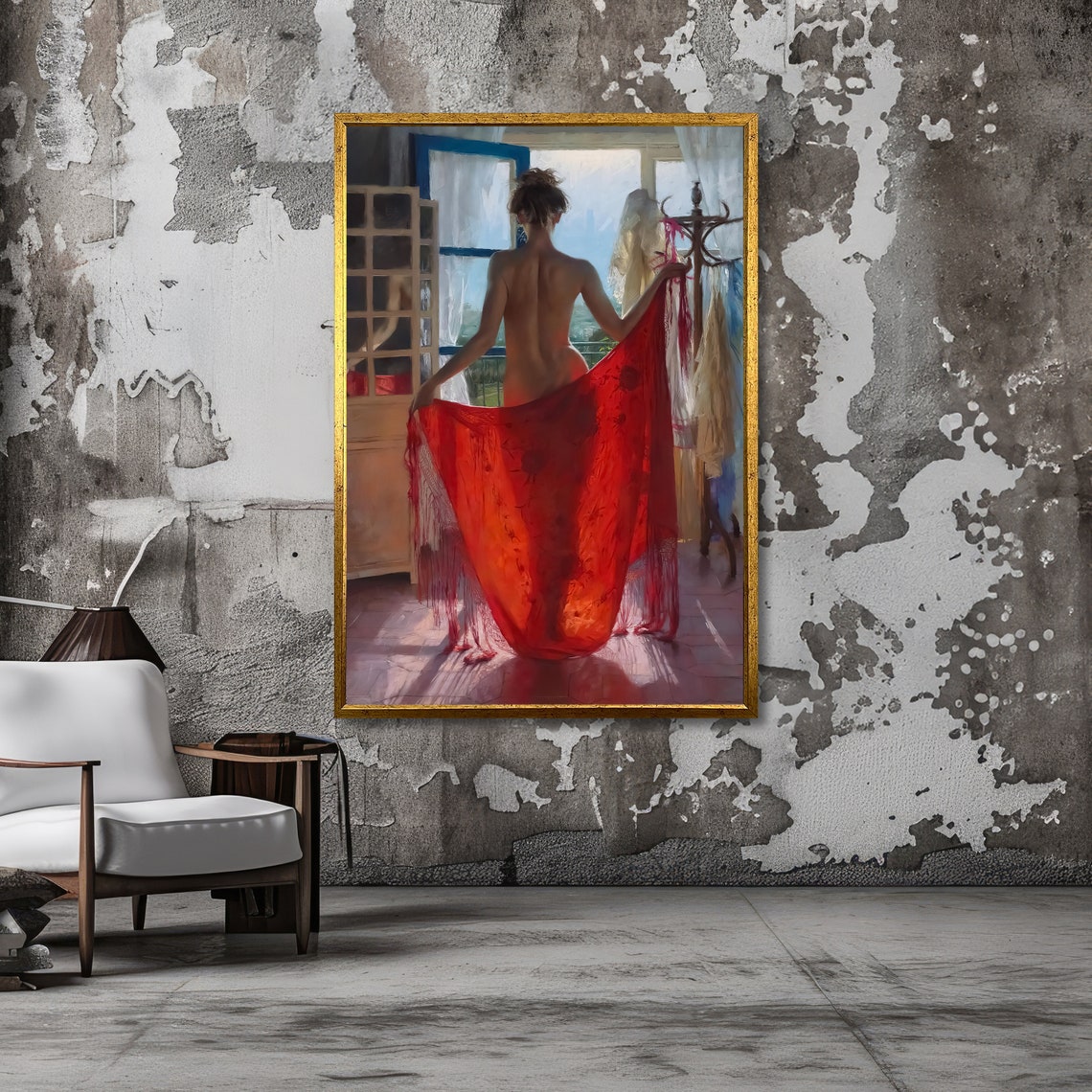 Sensual Red Draped Nude Art Erotic Romantic Wall Decor Ready To Hang - Image 3