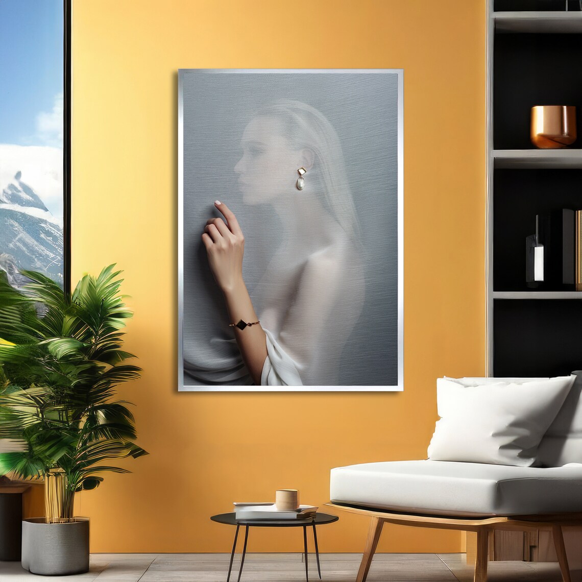 Veiled Woman Silhouette Pearl Earring Elegant Fashion Poster - Image 2
