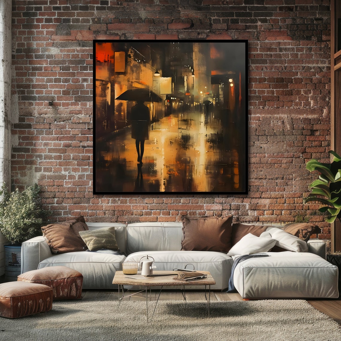Lonely Figure With Umbrella Rainy Night City Street Scene Poster - Image 4
