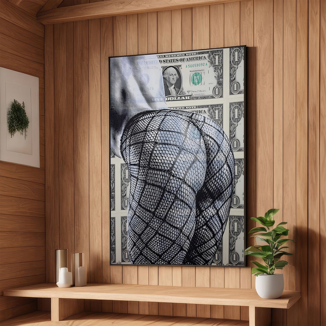 Fishnet Stockings Figure Posed over Dollar Bills Bold Pop Art Poster