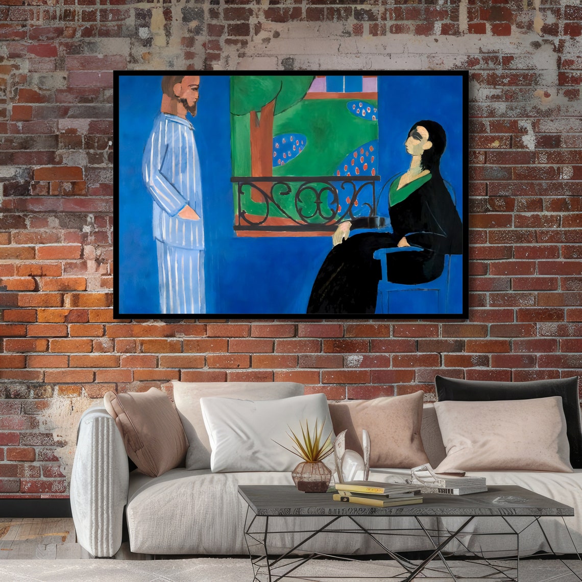 Matisse-Style Couple by the Balcony Window in Blue Room Poster - Image 4