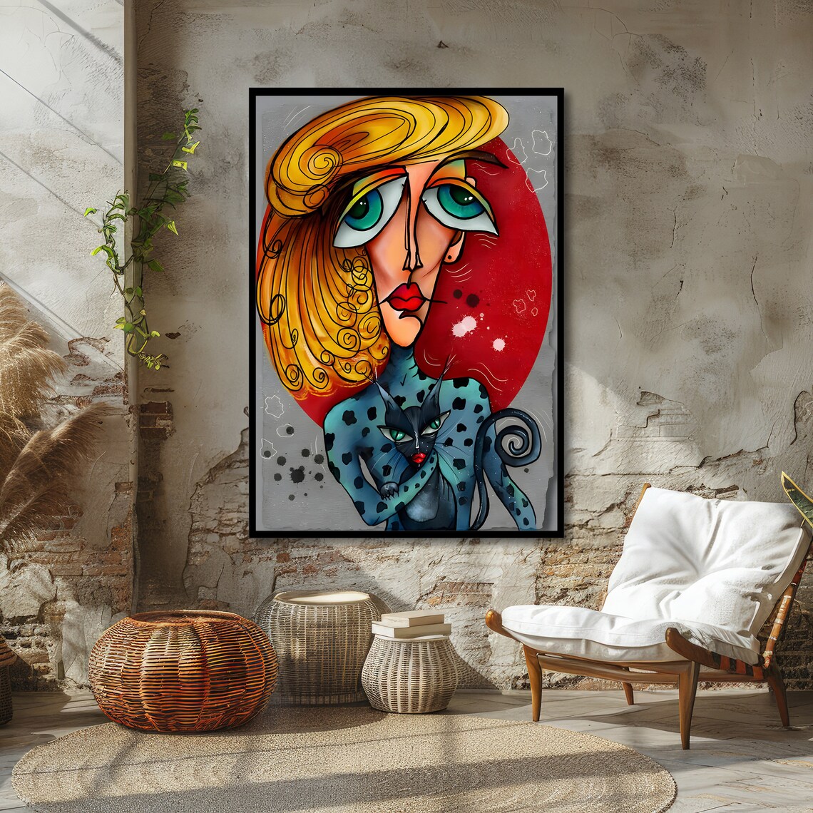 Abstract Cubist Woman With Black Cat Golden Hair Bold Art Poster - Image 4