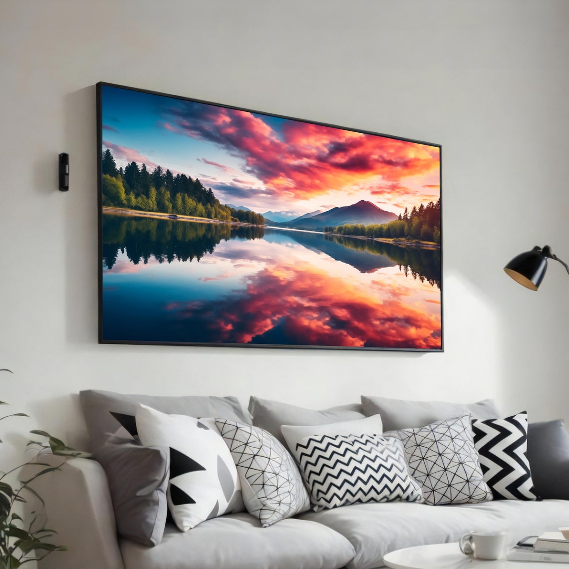 Sunset Lake Reflection Mountain Pinks Serene Landscape Poster