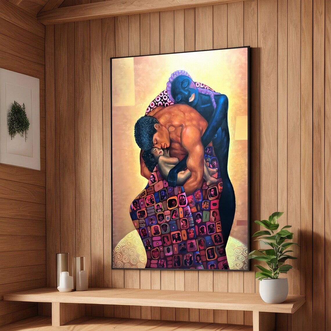 African Family Embrace Kiss Couple and Child Love Art Poster