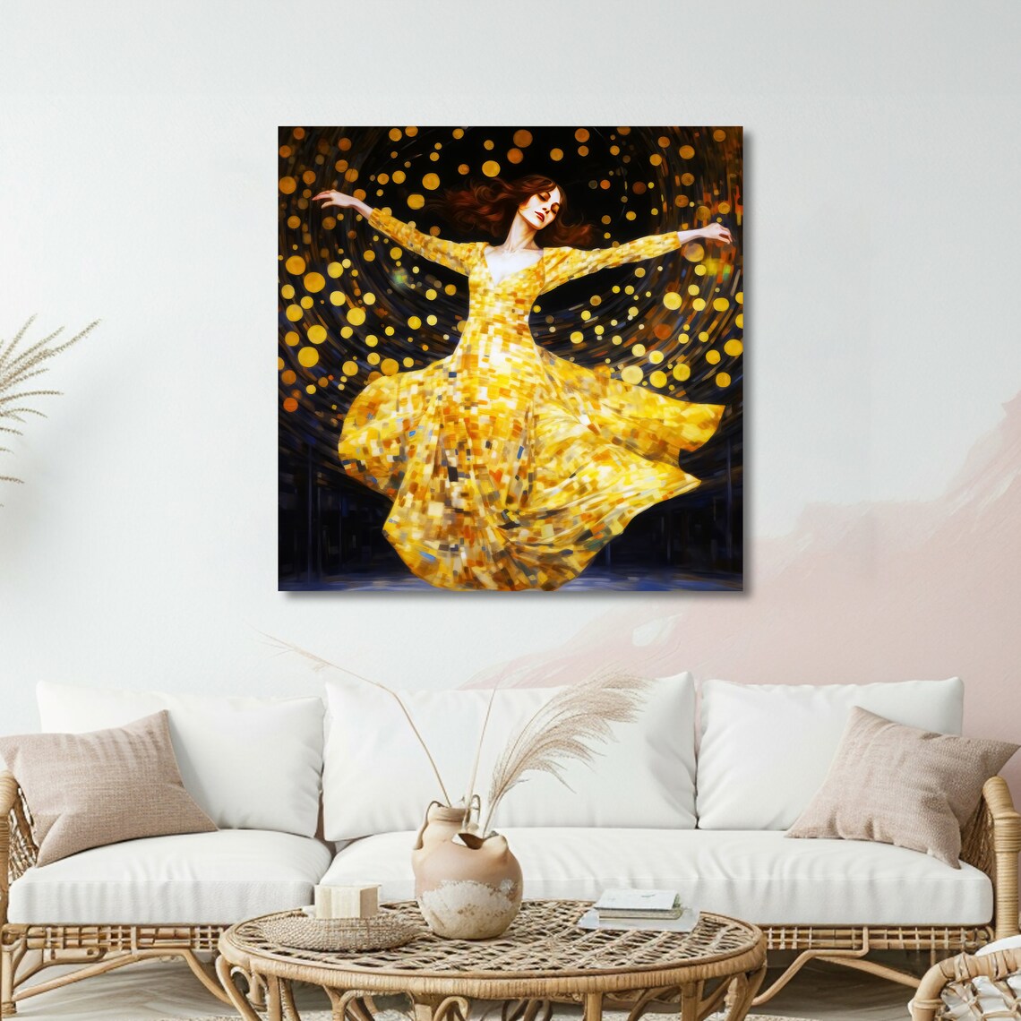 Dancing Woman Twirling in Golden Mosaic Gown Dark Bokeh Art Poster - Image 3