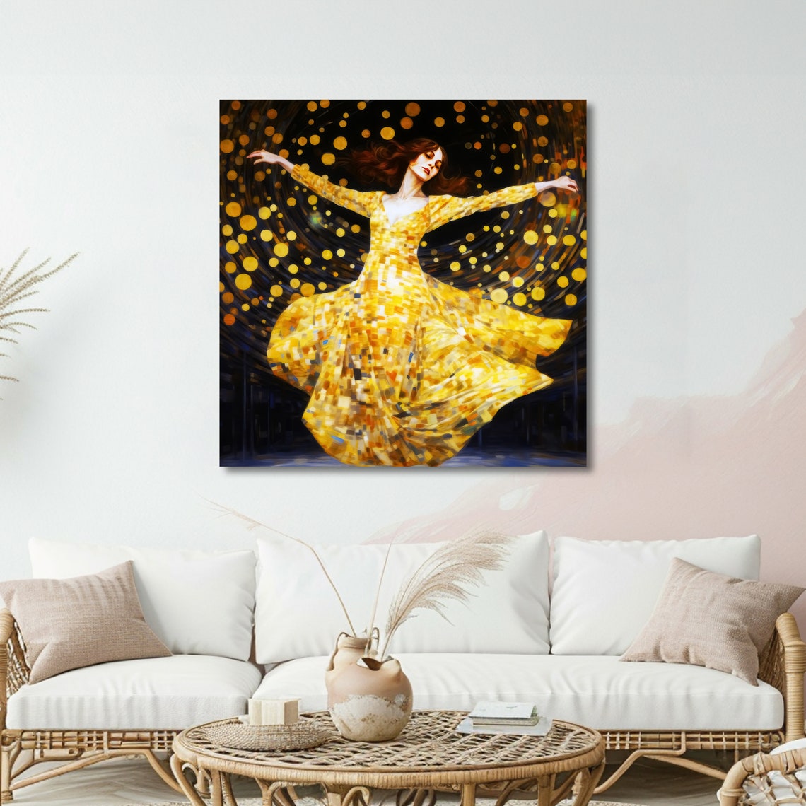 Golden Stardust Dancer Art Elegant Woman In Golden Dress Abstract Dance Painting Ready To Hang Wall Decor - Image 3