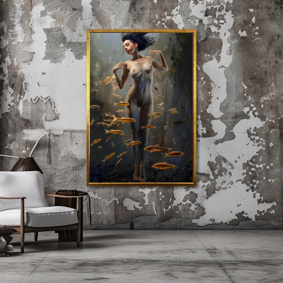 Underwater Nymph Surreal Nude Art Ethereal Female With Fish Wall Art Ready To Hang - Image 3