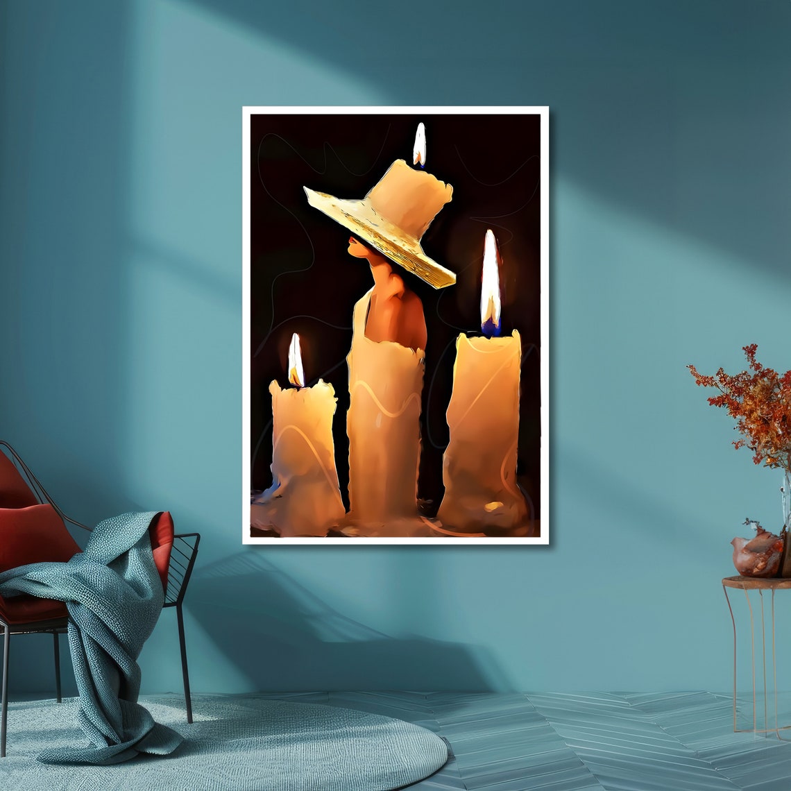 Three Burning Candles Glowing in Warm Candlelight Cozy Art Poster - Image 6