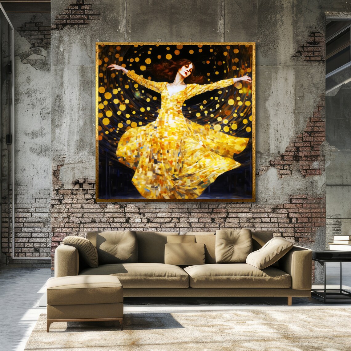 Dancing Woman Twirling in Golden Mosaic Gown Dark Bokeh Art Poster - Image 6