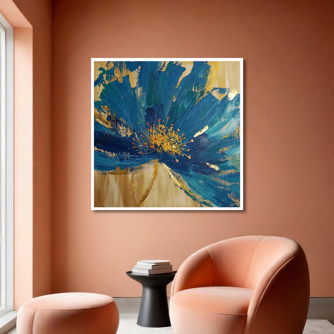 Bold Blue Blossom With Gold Leaf Abstract Floral Painting Art Poster - Image 6