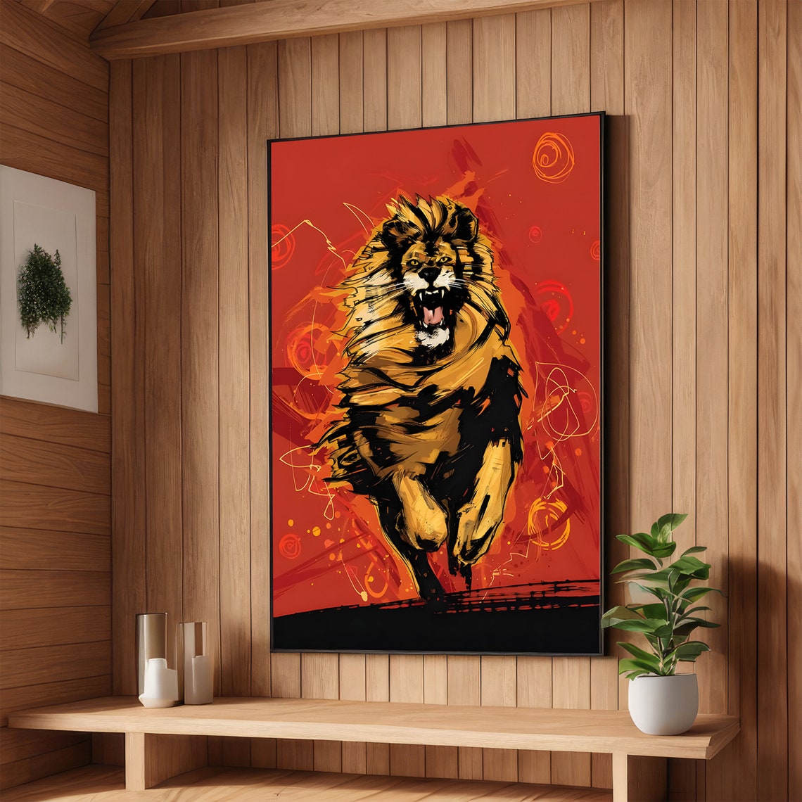 Fierce Roaring Lion on a Fiery Red Orange Pop Art Background Poster