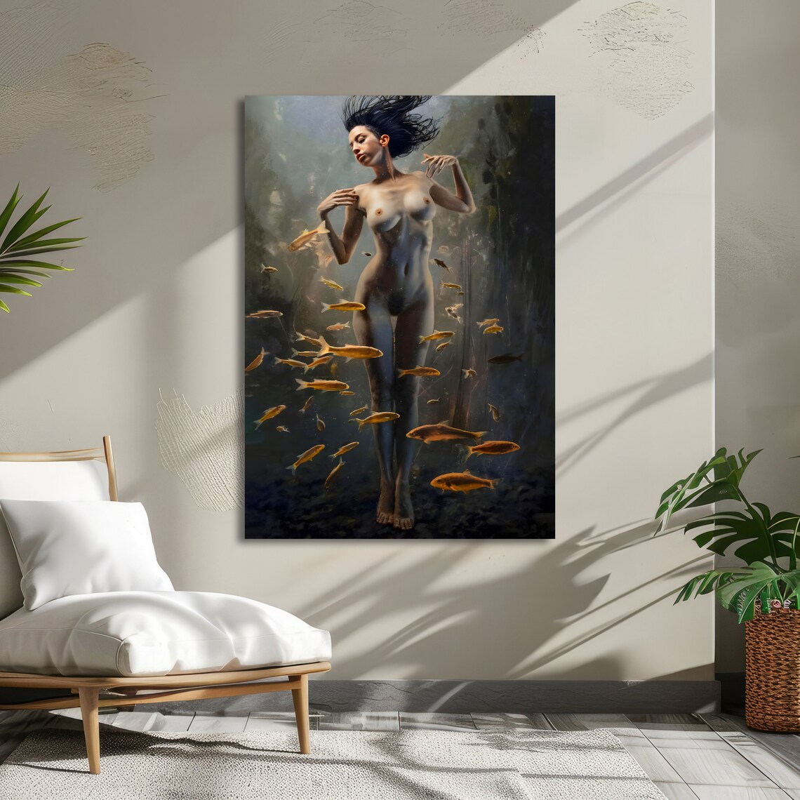 Underwater Nymph Surreal Nude Woman Floating Among Golden Fish Poster - Image 5