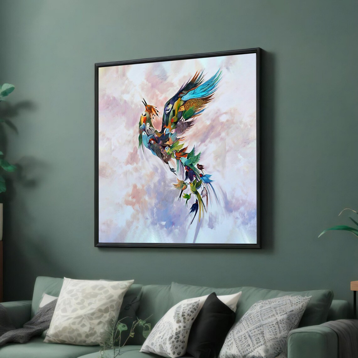 Colorful Bird Composed of Flying Parrots Whimsical Art Poster