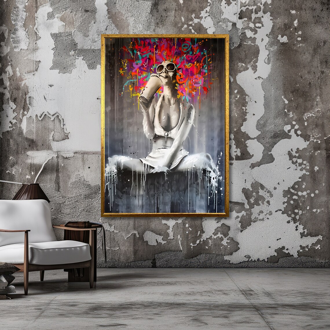 Vibrant Graffiti Woman Holding Spray Can with Colorful Halo Art Poster - Image 3