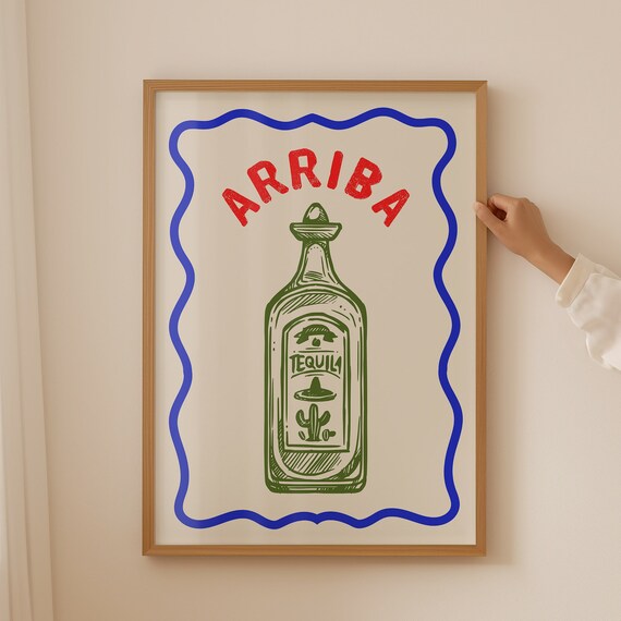 Arriba Tequila Bottle Green Sketch Blue Border Fiesta Bar Poster