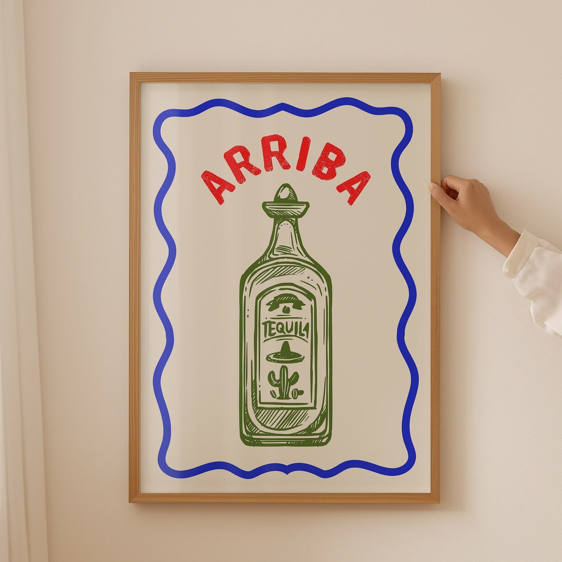 Arriba Tequila Bottle Green Sketch Blue Border Fiesta Bar Poster