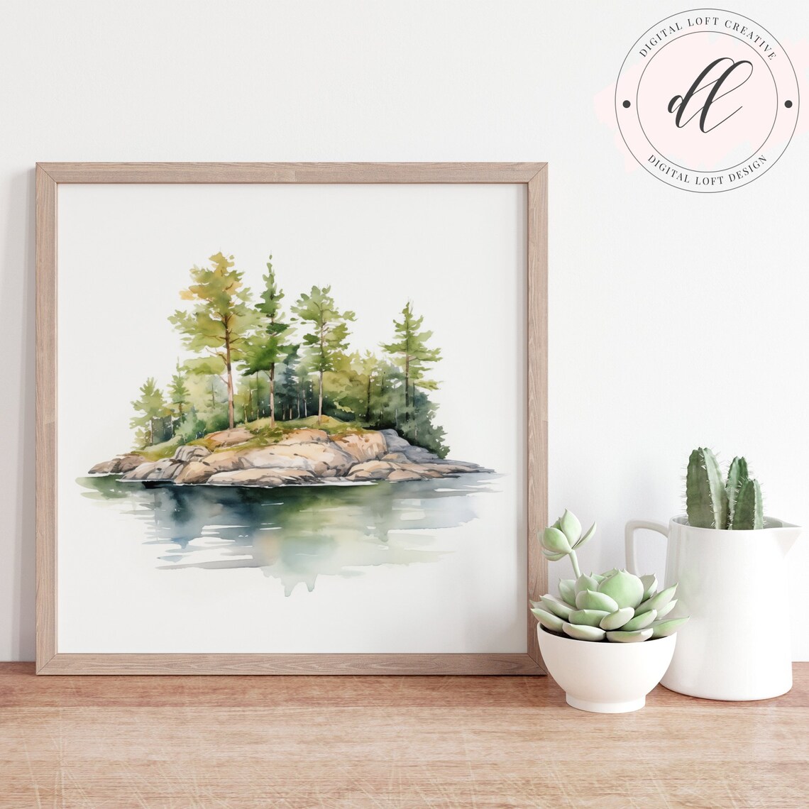 Pine Tree Island on Calm Lake Watercolor Nature Retreat Poster