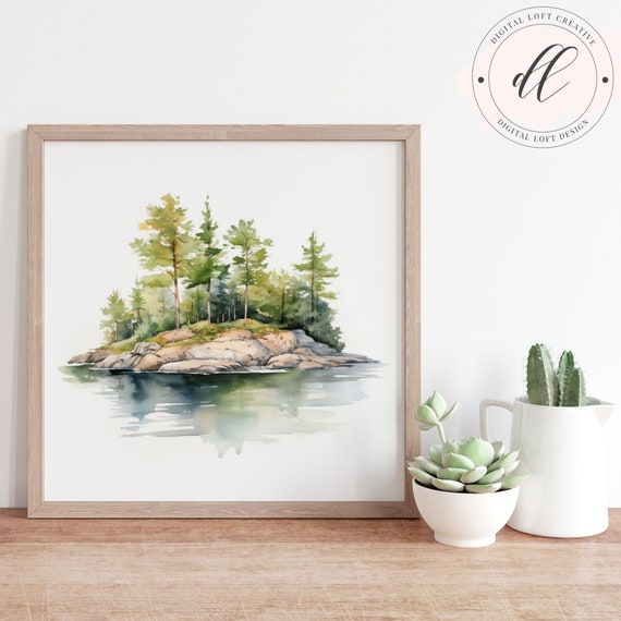 Rocky Muskoka Island Art Watercolor Nature Inspired Tranquil Lake Scenery Wall Decor Home Office Artwork Jpg