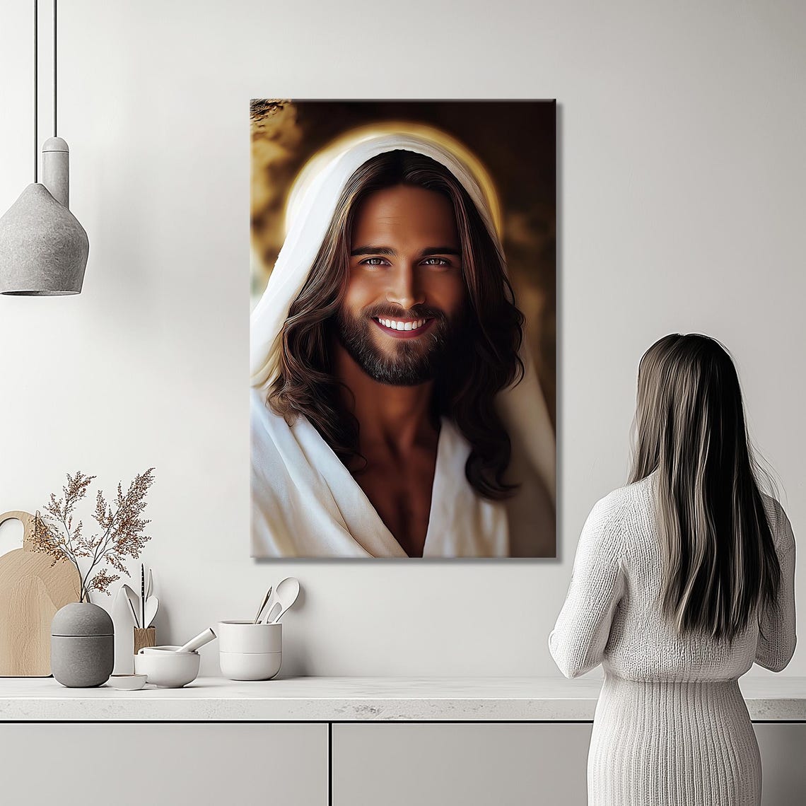 Smiling Jesus Christ Portrait With Soft Halo Close Up Poster - Image 4