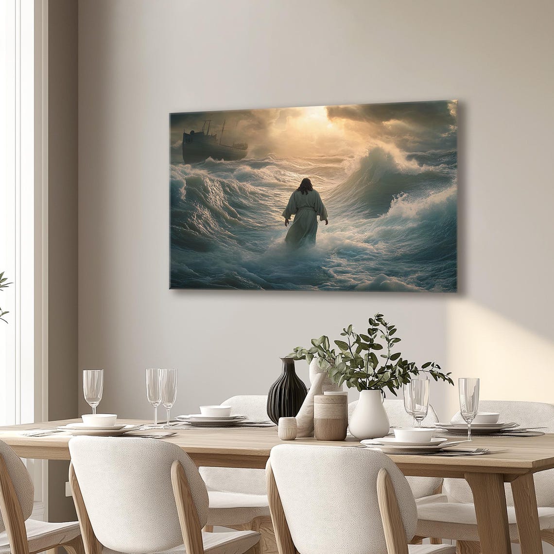 Jesus Parting The Red Sea Waves With Ship Golden Light Poster - Image 6