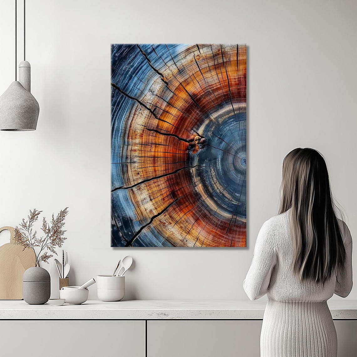 Colorful Tree Ring Cross Section Abstract Blue And Rust Wall Art - Image 2