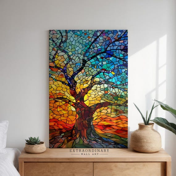 Mosaic Tree Art Print Large Mosaic Wall Art For Bedroom Colorful Stain Glass Art Spiritual Wall Decor Tree Wall Art Gift For Mom
