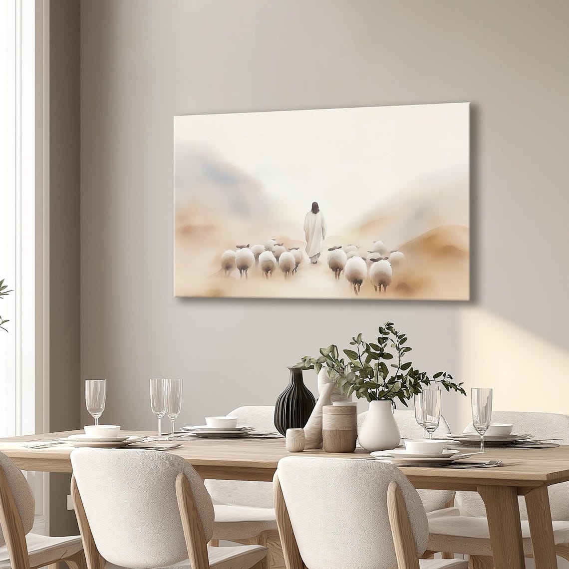 Jesus Walking With Sheep Flock In Misty Minimalist Watercolor Poster - Image 2
